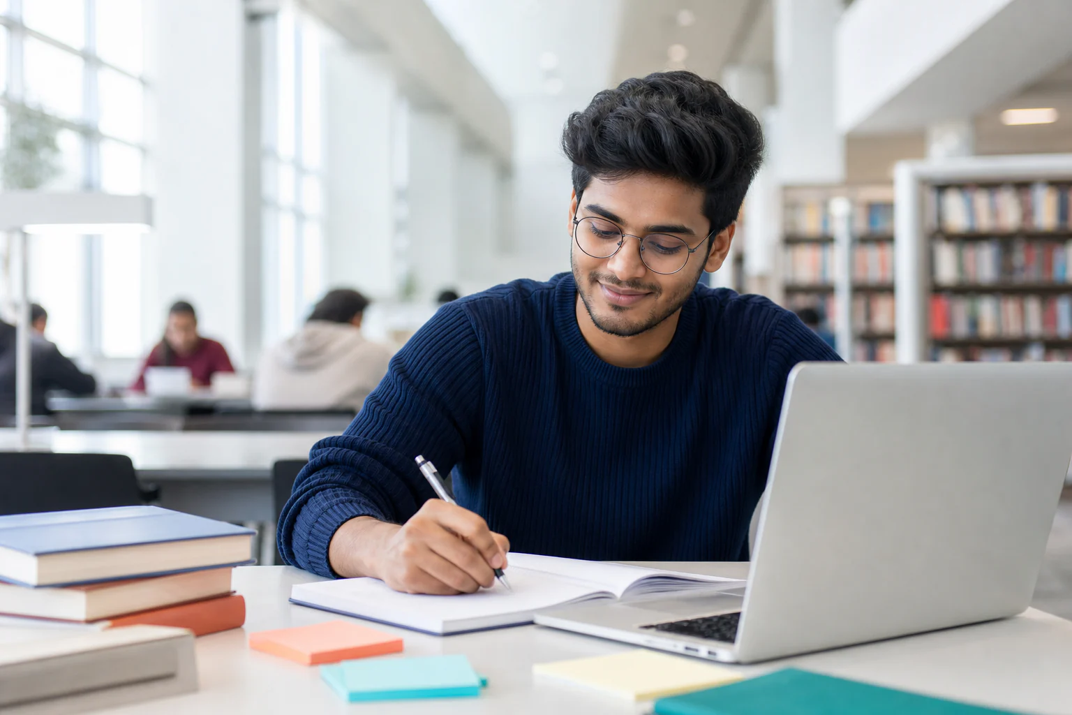 A learner studying German with a laptop and notebook